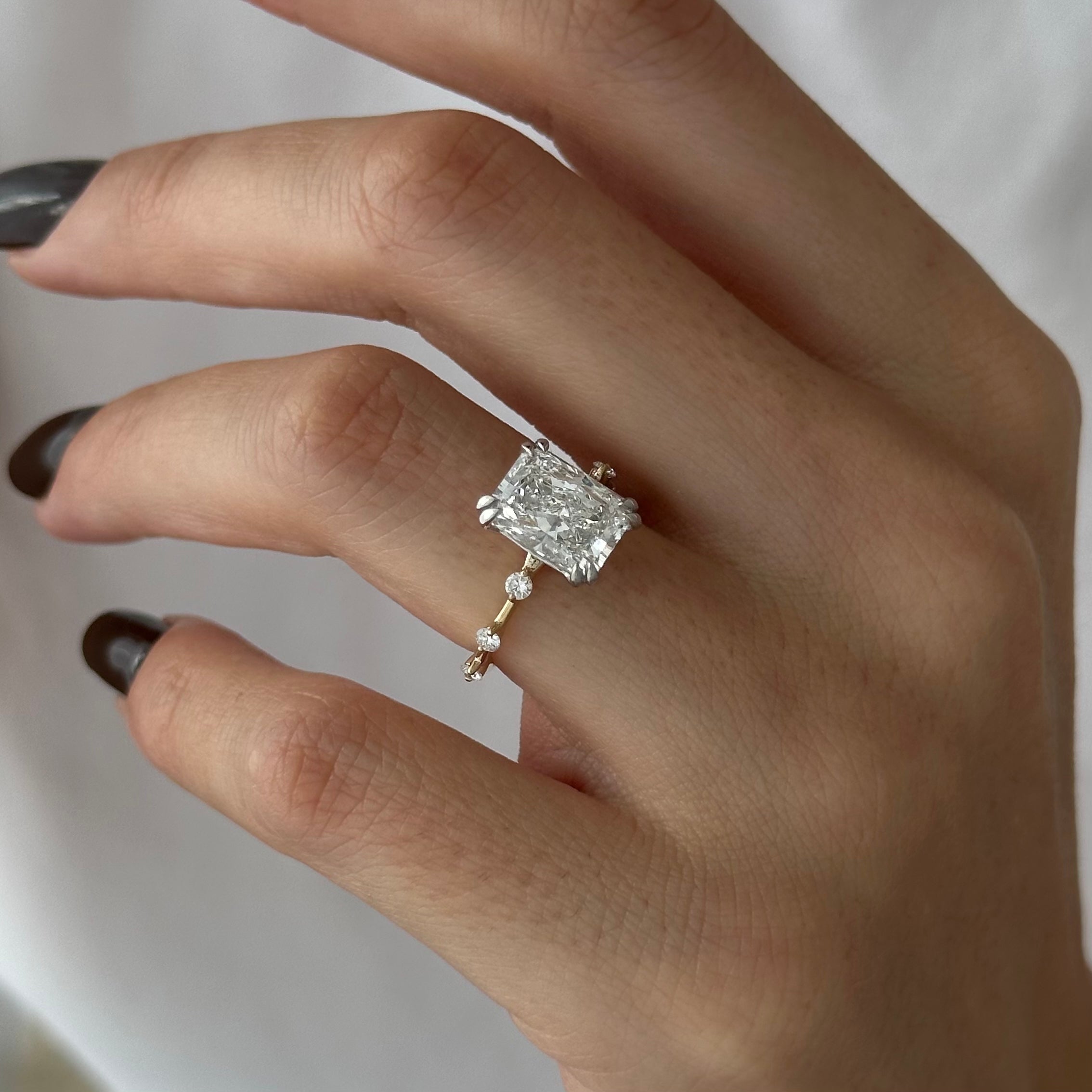 2 carat Elongated Cushion cut lab-grown diamond IGI certified, side stones engagement ring.