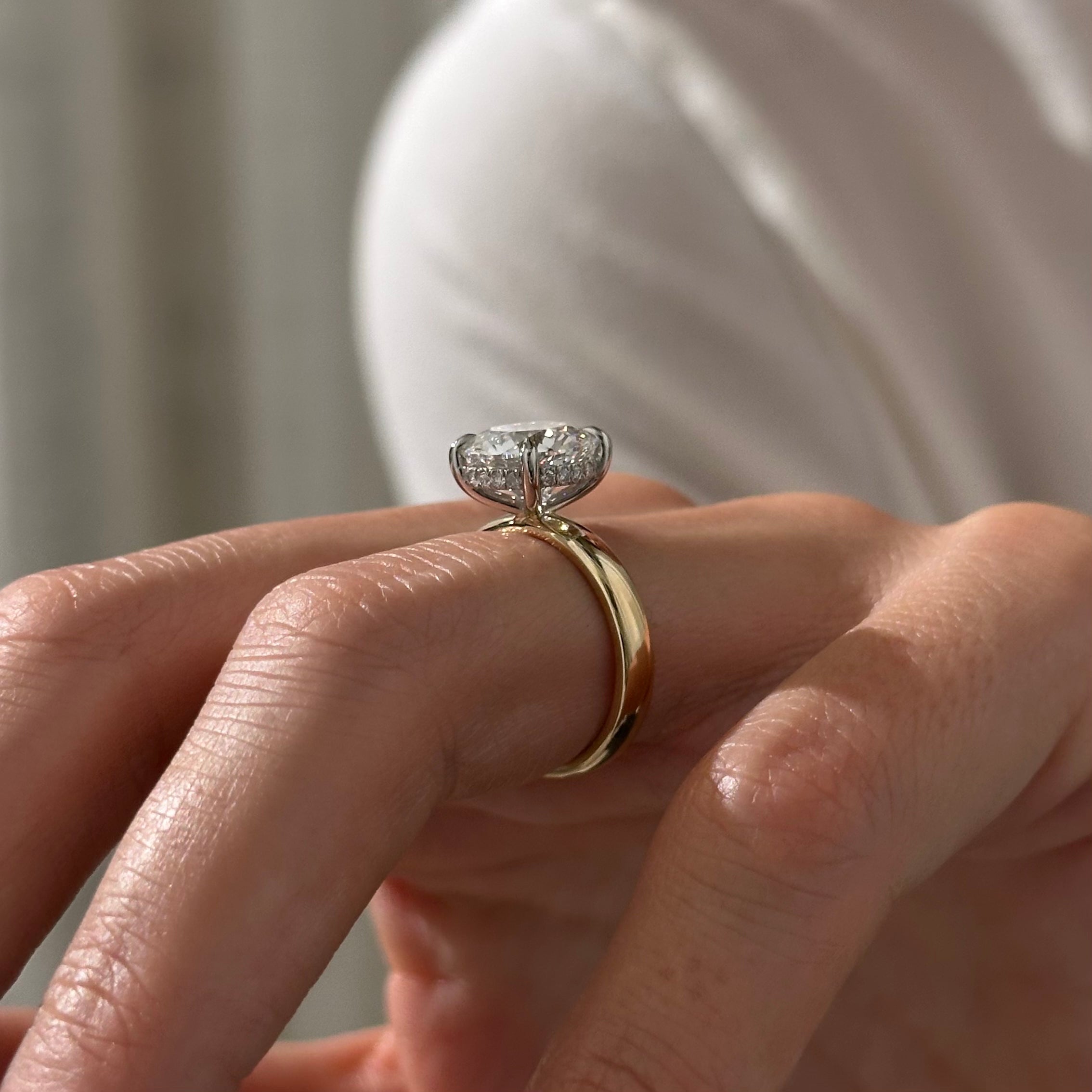 2 carat Round Brilliant cut lab-grown diamond IGI certified, hidden halo engagement ring.