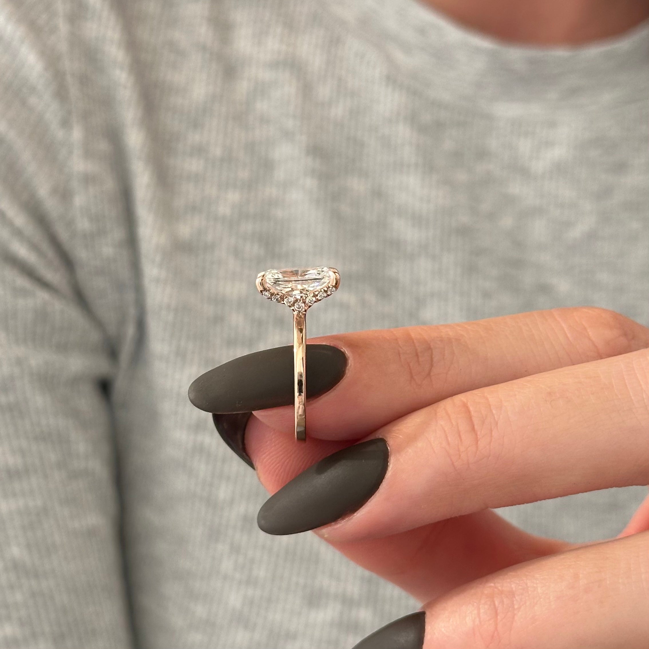3 carat Elongated Cushion cut lab-grown diamond IGI certified, hidden halo engagement ring.