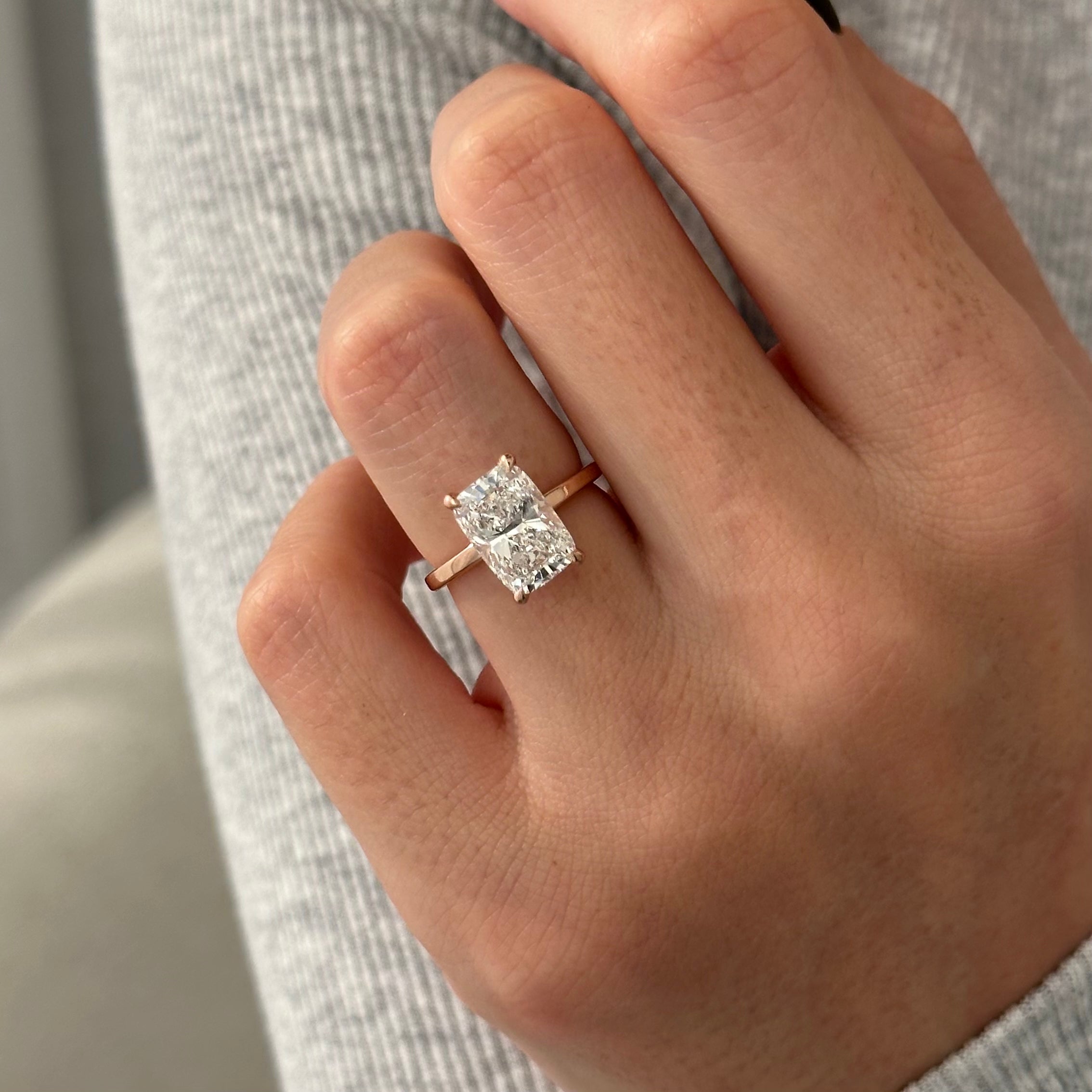 3 carat Elongated Cushion cut lab-grown diamond IGI certified, hidden halo engagement ring.