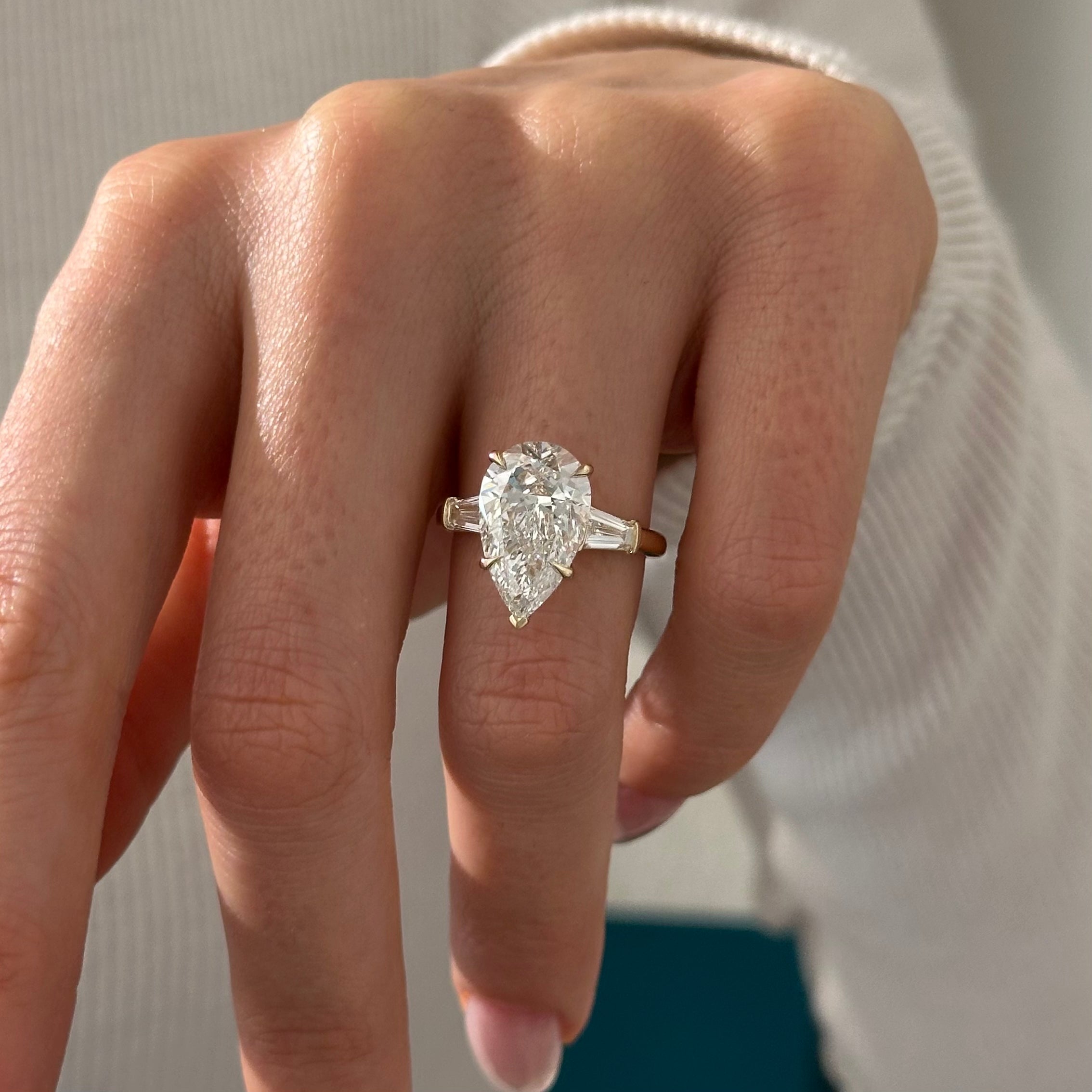 5 carat Pear cut lab-grown diamond IGI certified, three stone engagement ring.