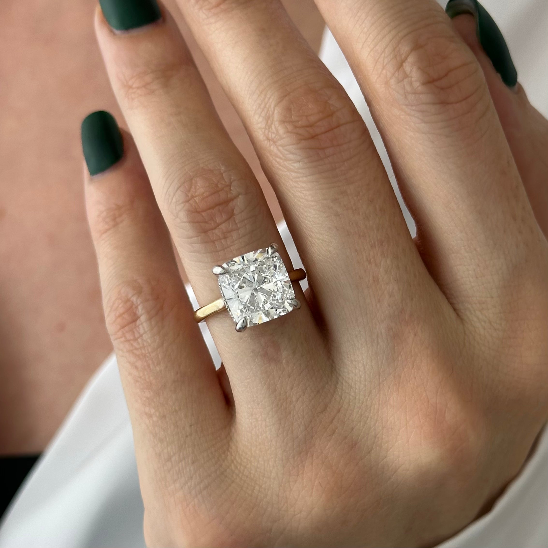 6 carat Cushion cut lab-grown diamond IGI certified, hidden halo engagement ring.