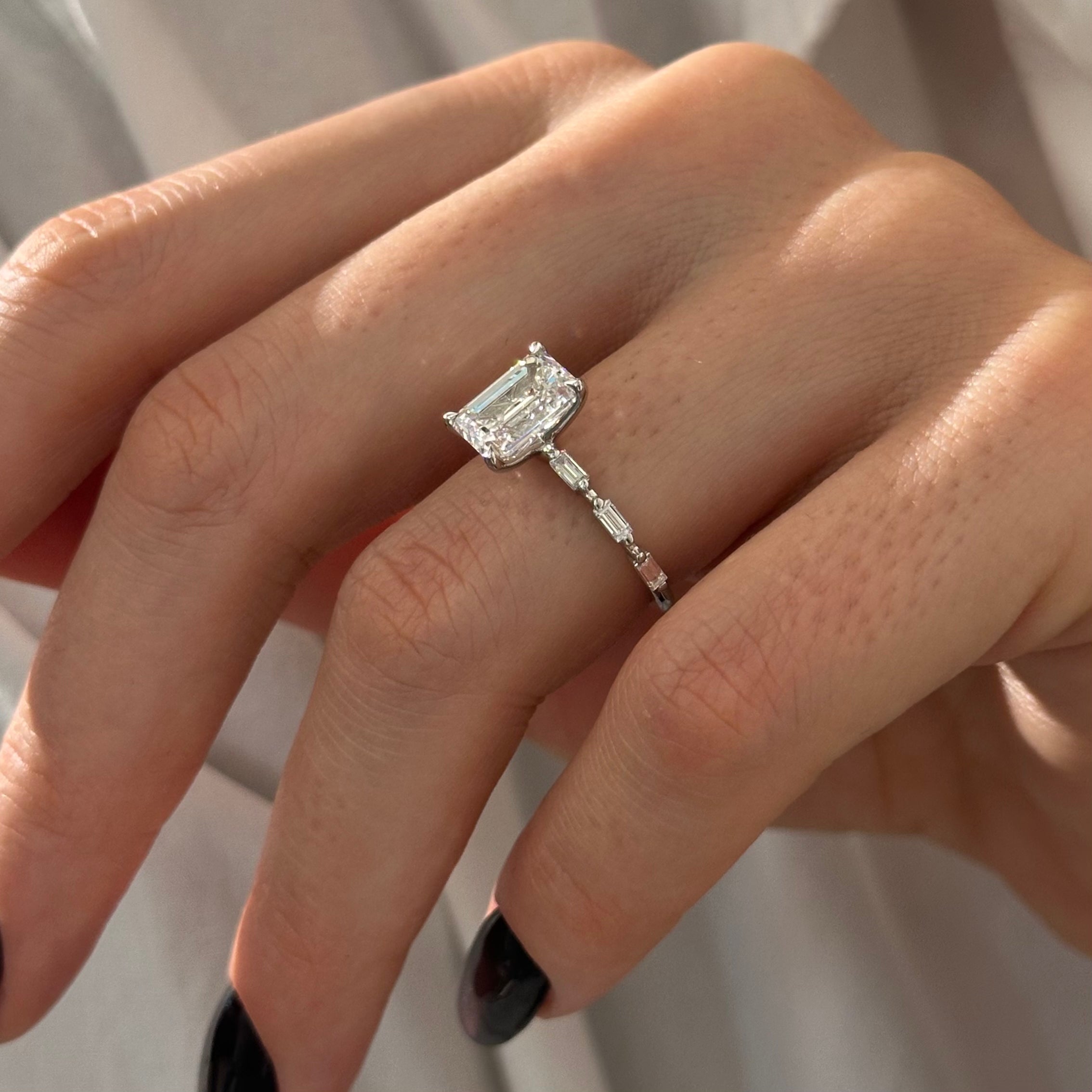 all-groups | 2.5 carat Emerald cut lab-grown diamond IGI certified, side stones engagement ring.