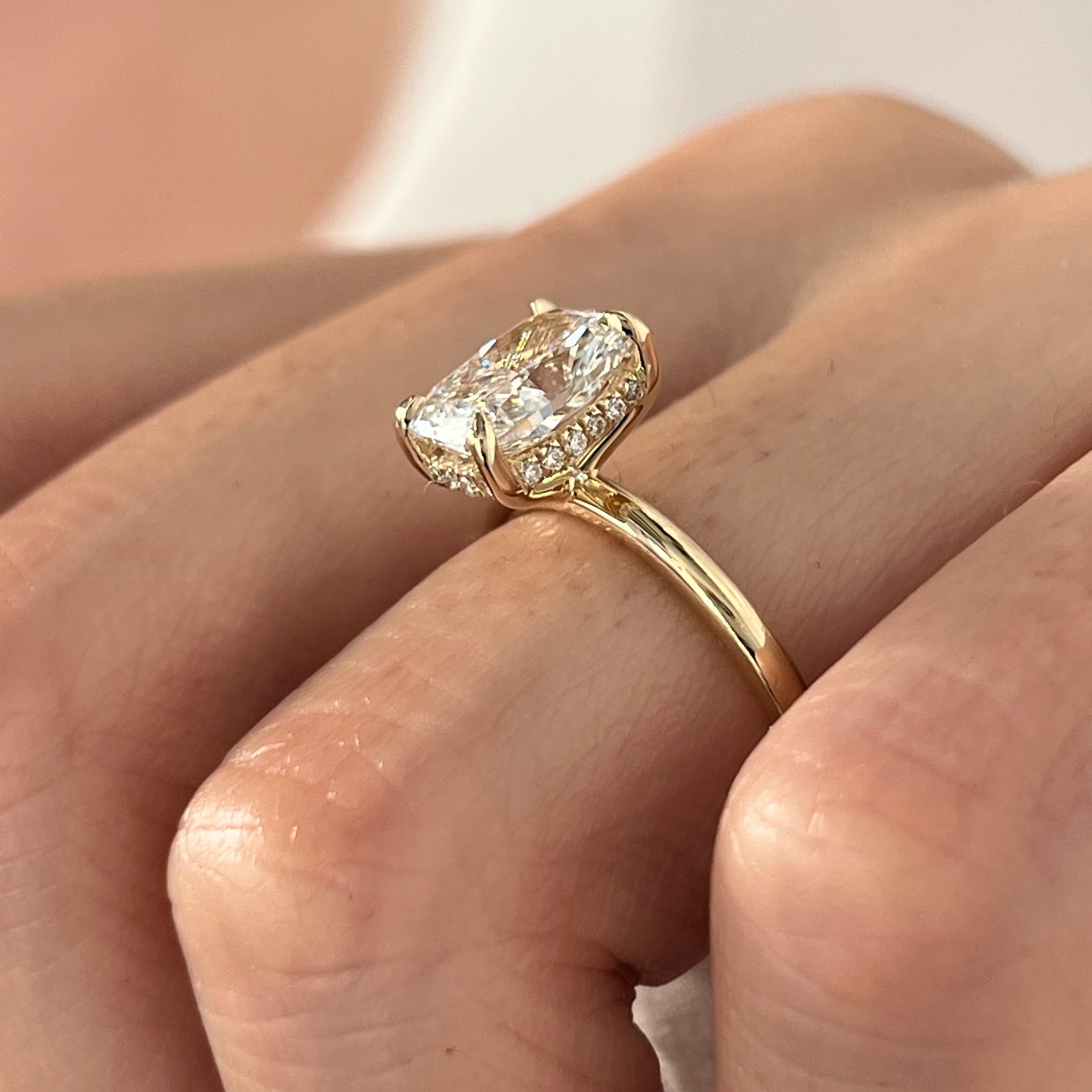 3 carat Oval cut lab-grown diamond IGI certified, hidden halo engagement ring.