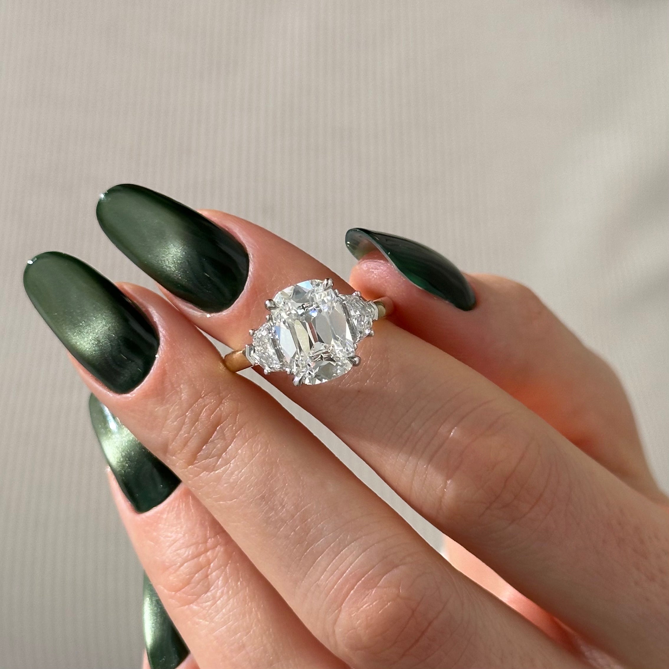 5 carat Oval cut lab-grown diamond IGI certified, three stone engagement ring.