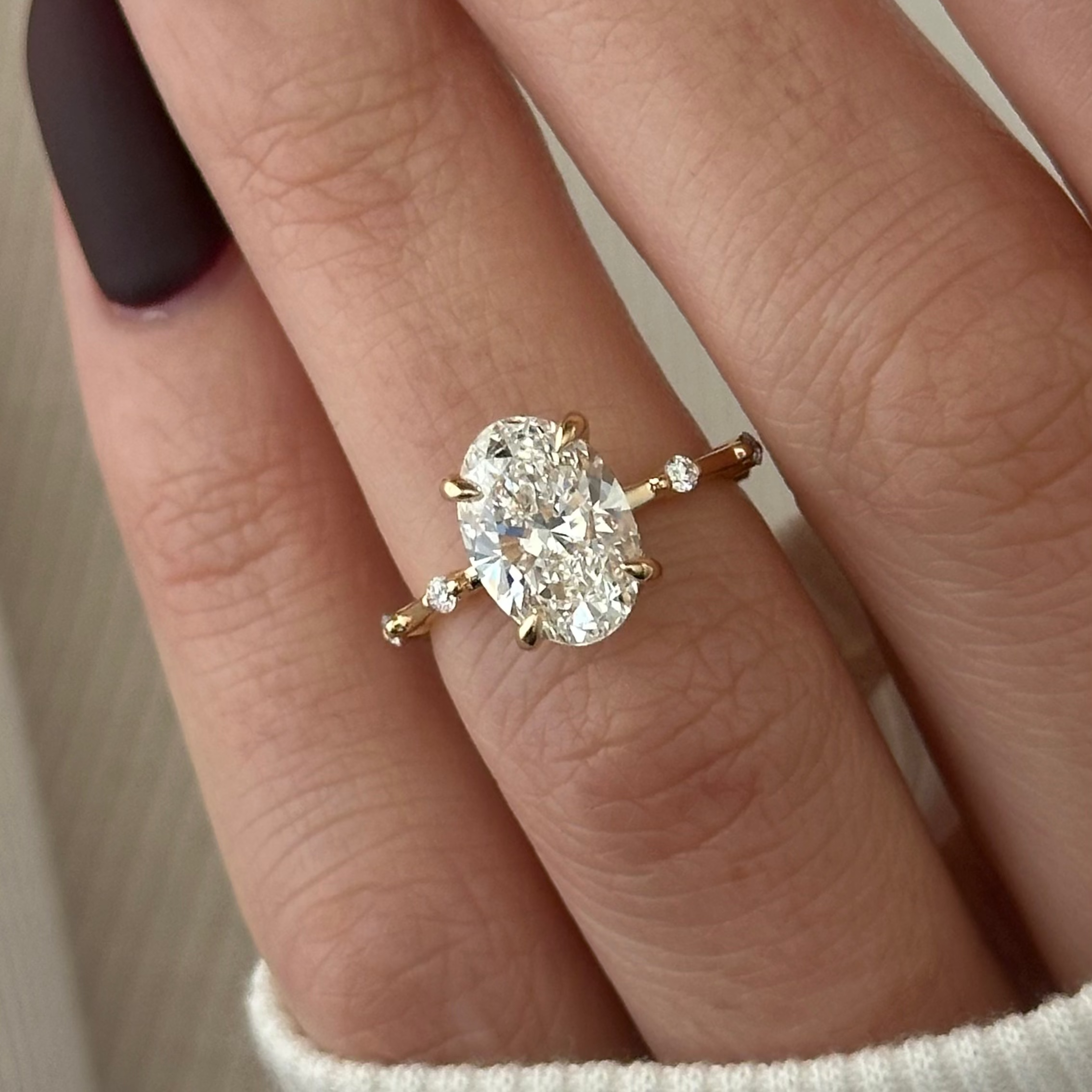 2 carat Oval cut lab-grown diamond IGI certified, hidden halo engagement ring.