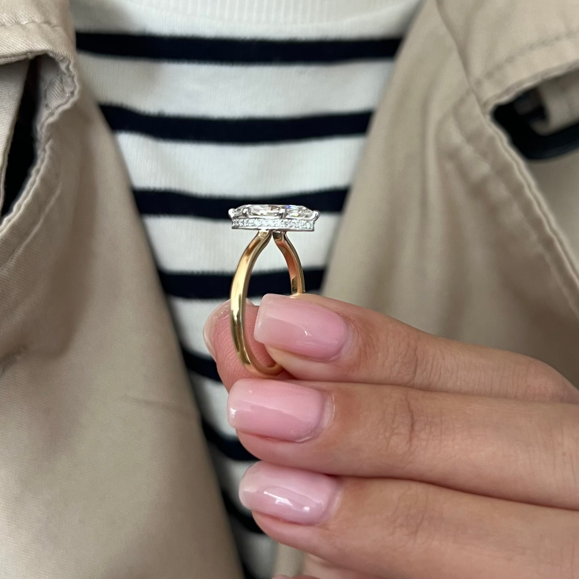 2 carat Oval cut lab-grown diamond IGI certified, hidden halo engagement ring.