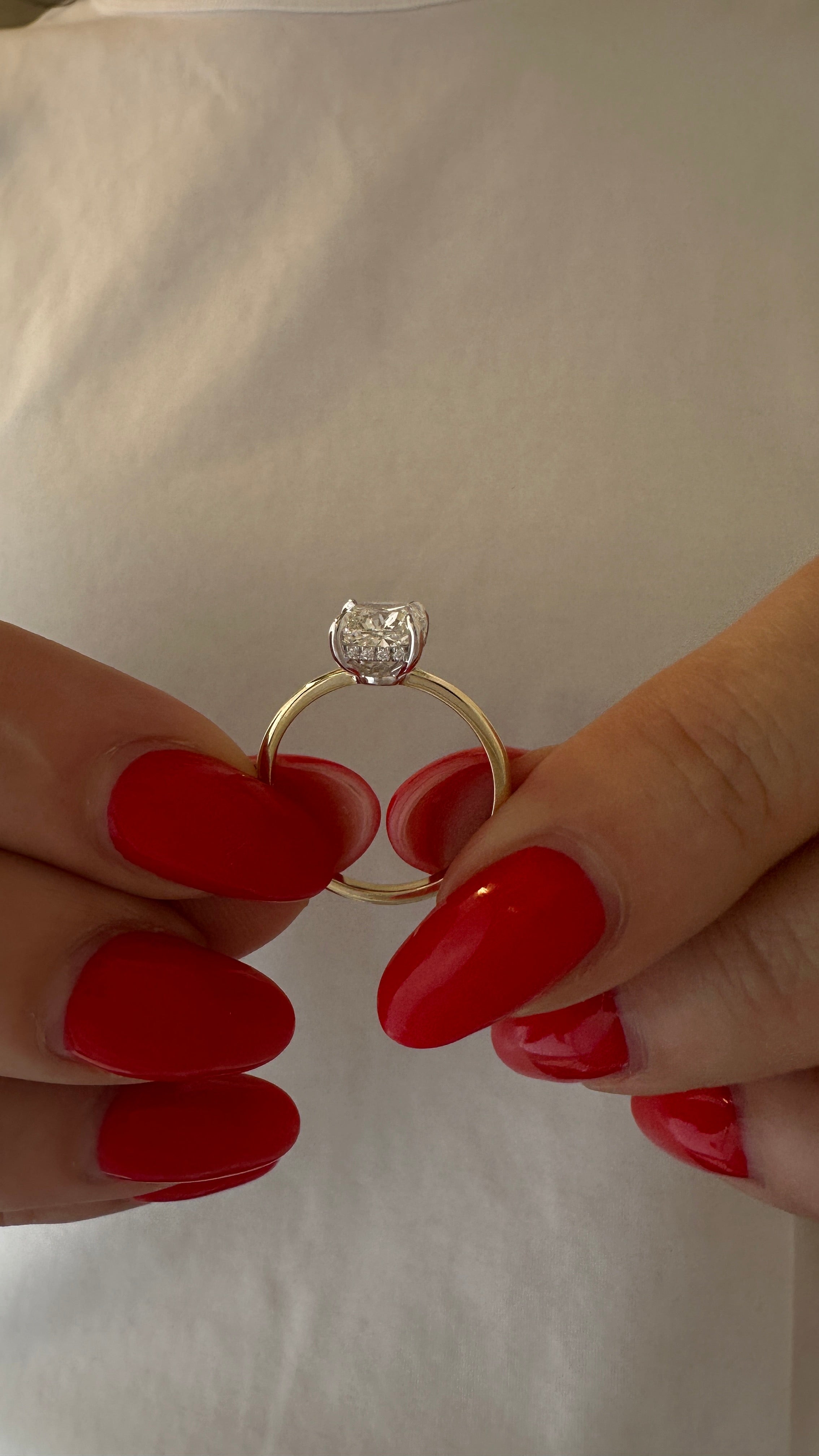 2 carat Cushion cut lab-grown diamond IGI certified, hidden halo engagement ring.