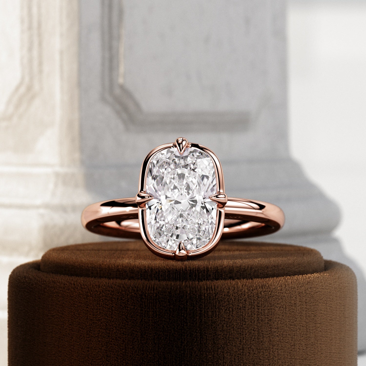 2 carat Elongated Cushion cut lab-grown diamond IGI certified, bezel engagement ring in 14K Rose Gold.