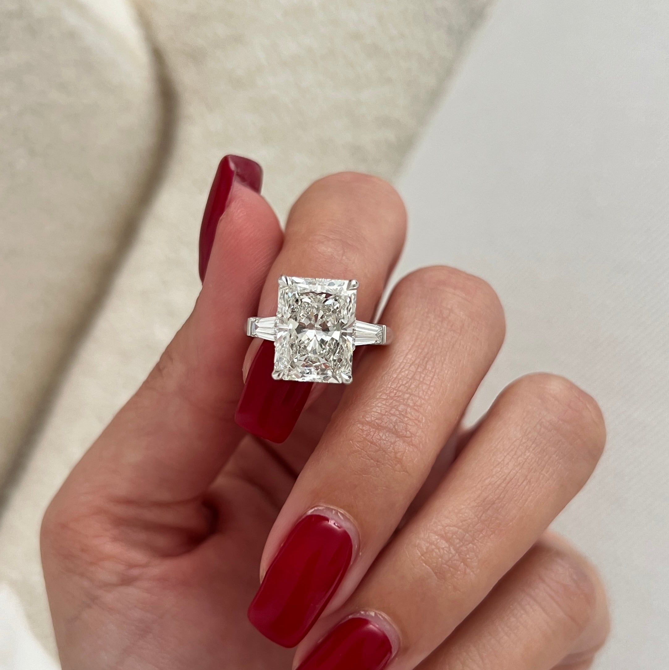 2.5 carat Radiant cut lab-grown diamond IGI certified, three stone engagement ring.