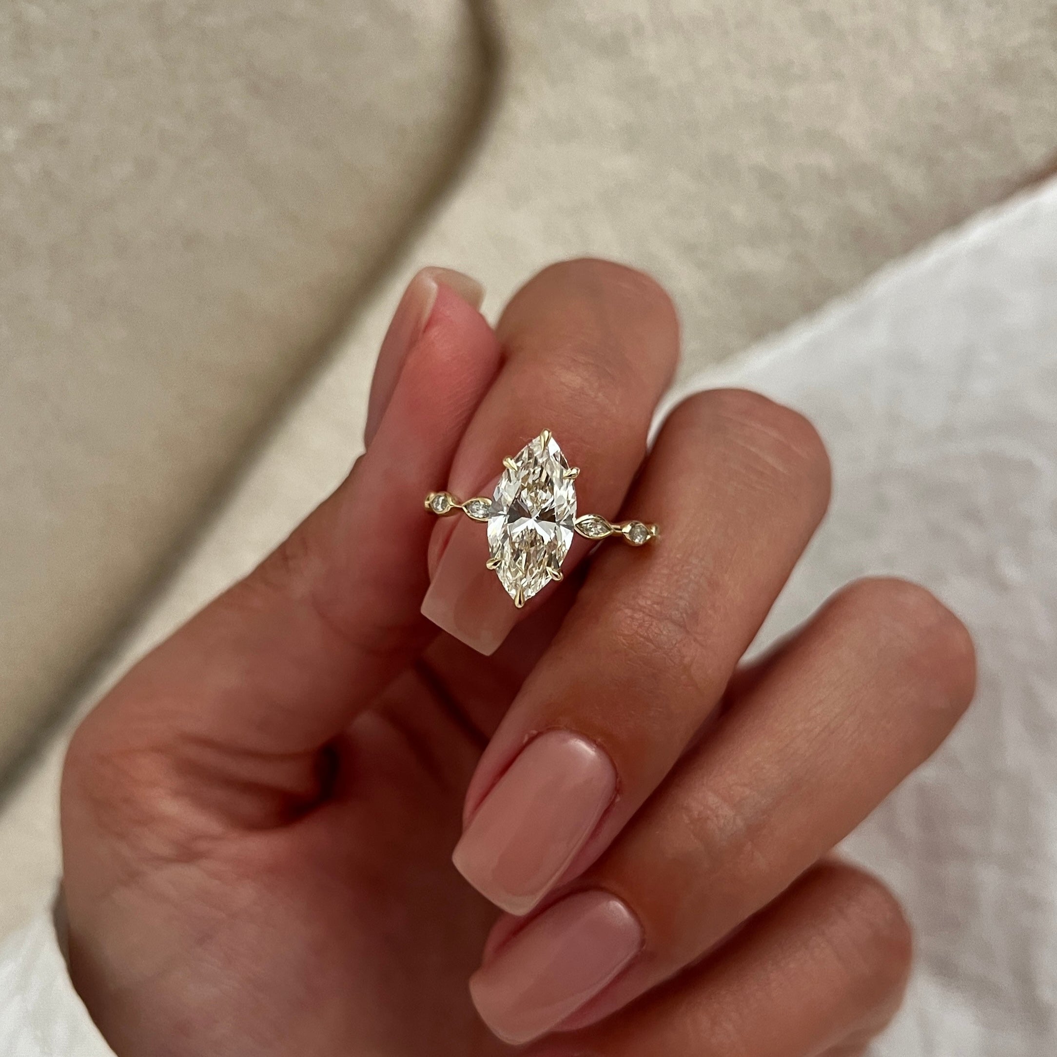 1 carat Marquise cut lab-grown diamond IGI certified, side stones engagement ring.