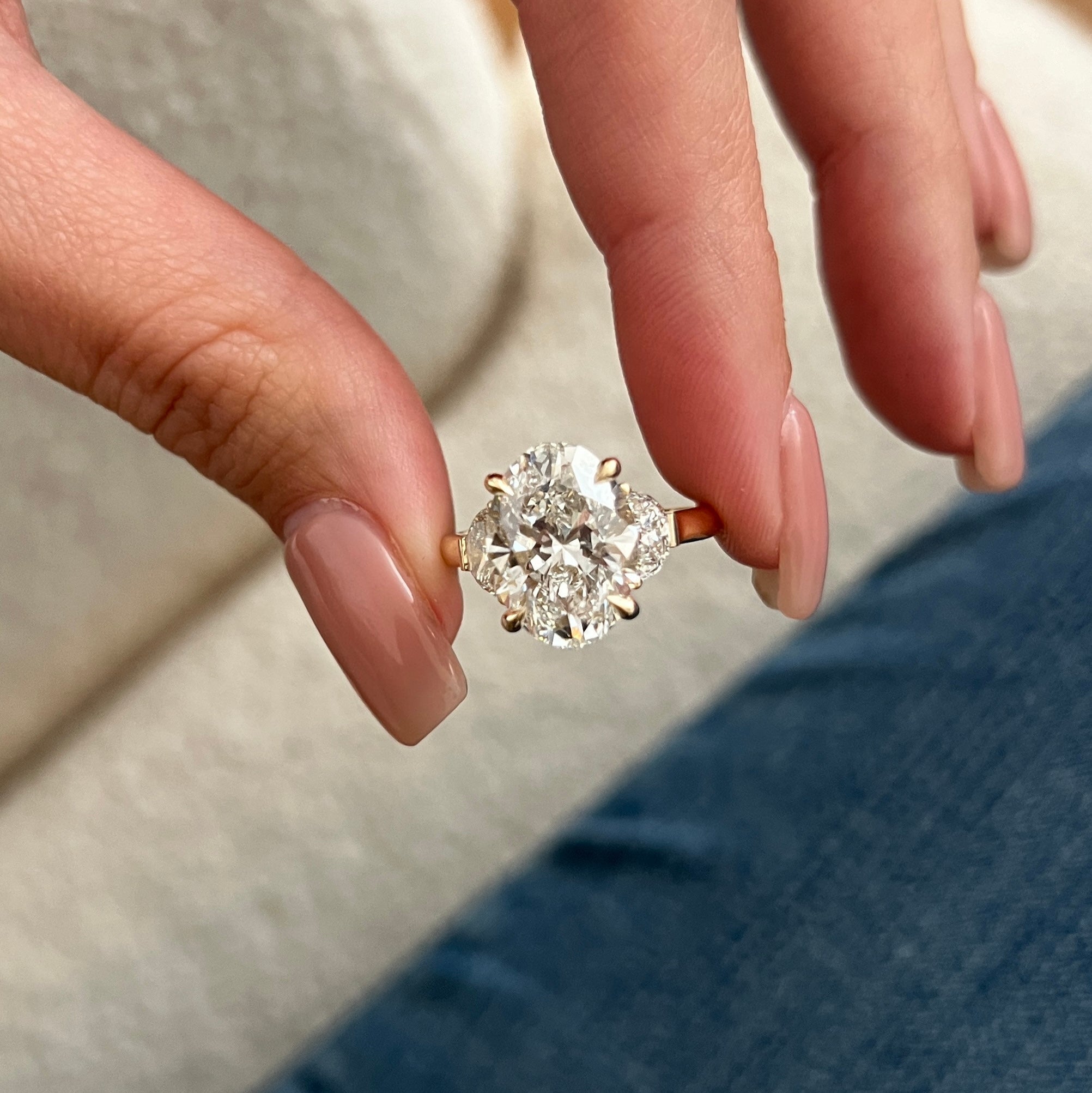 1.5 carat Oval cut lab-grown diamond IGI certified, three stone engagement ring.