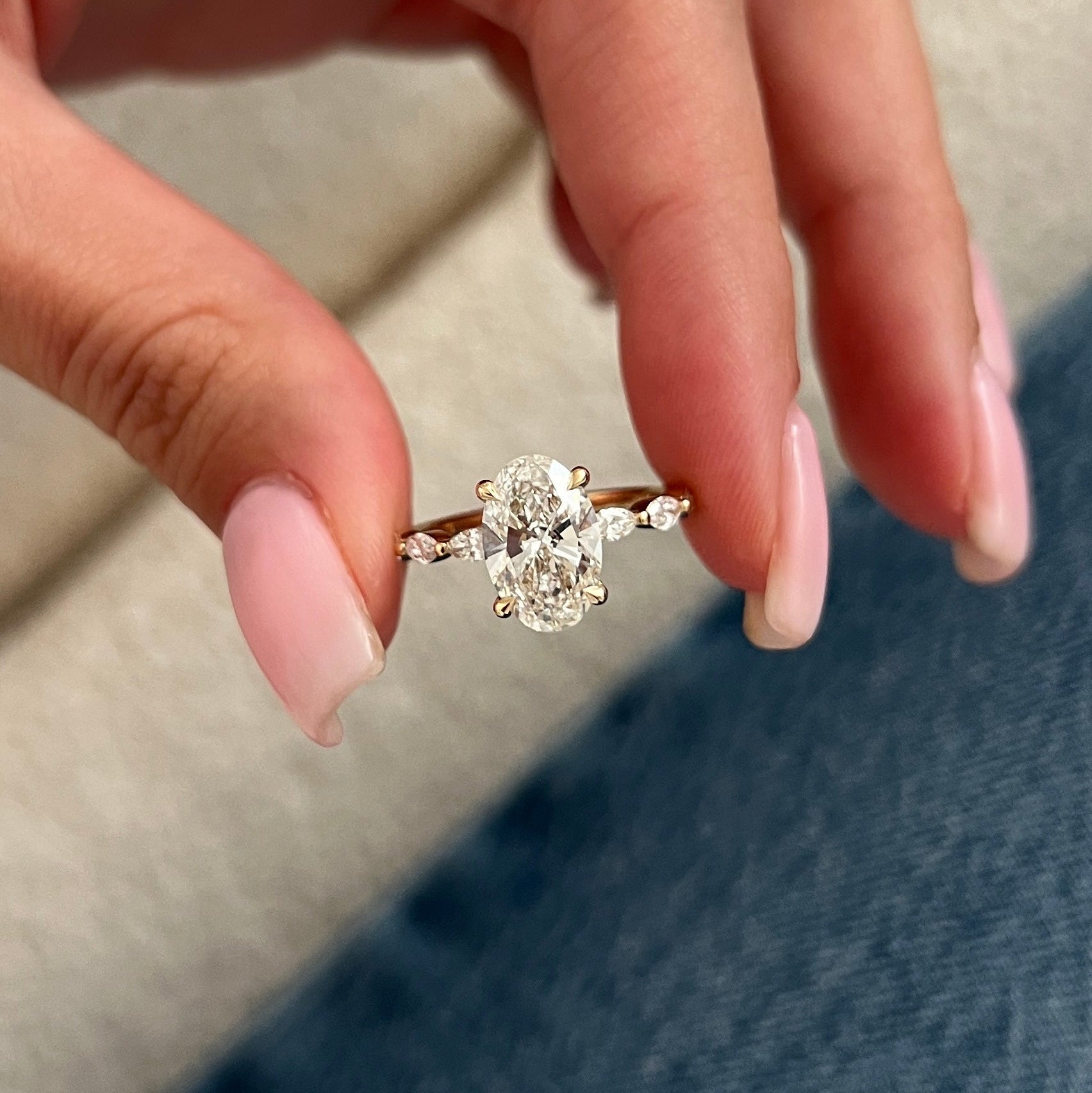 2 carat Oval cut lab-grown diamond IGI certified, side stones engagement ring.