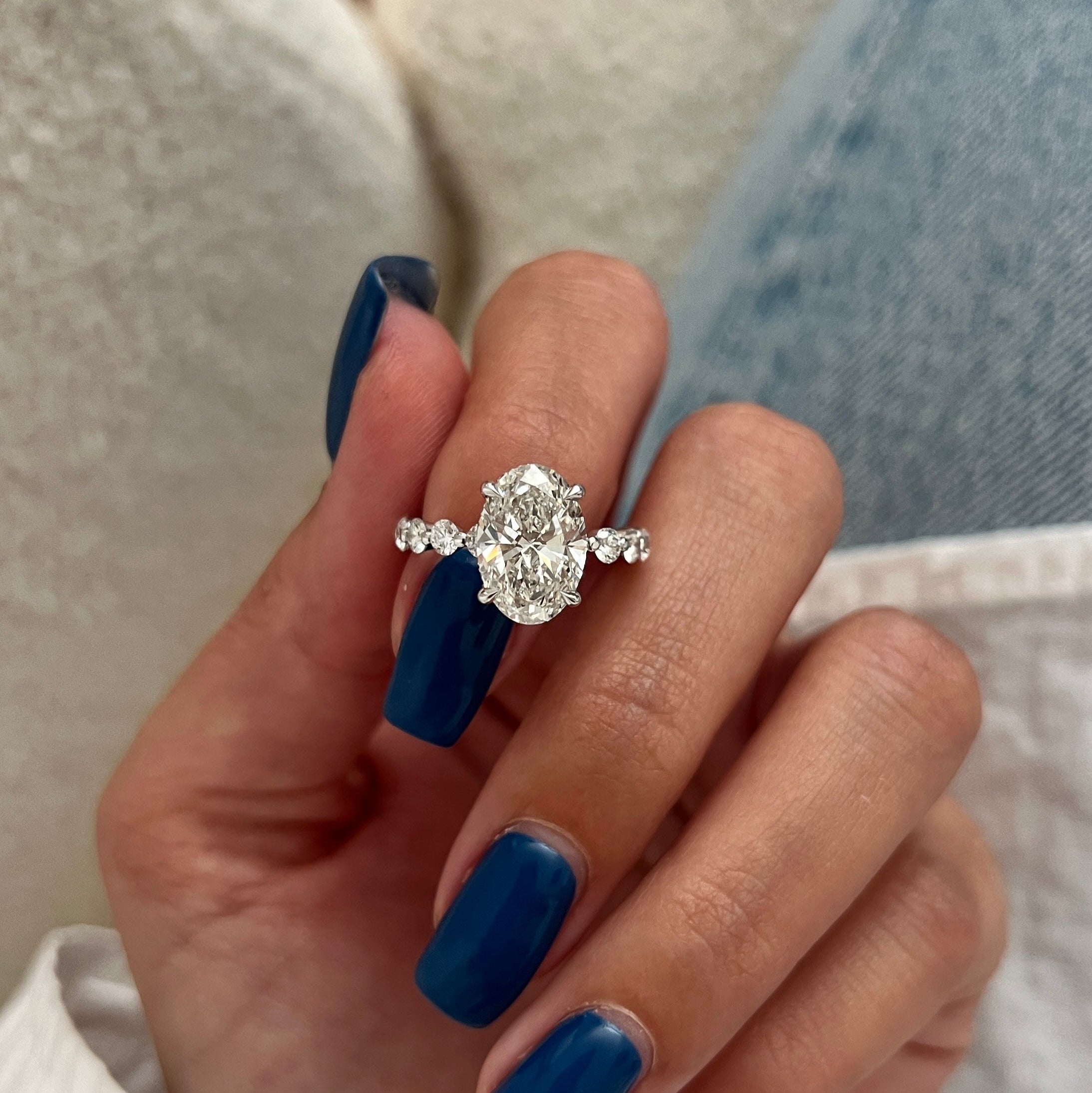 5 carat Oval cut lab-grown diamond IGI certified, side stones engagement ring.